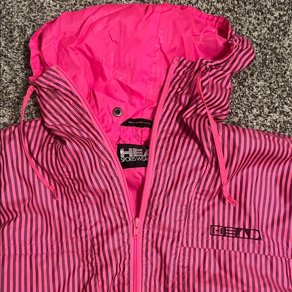 HEAD Pink and Black Striped Pullover Jacket, gloves, and wrist warmers